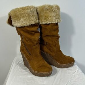 Bakers Furbee Boots Womens 9.5 Brown Faux Fur Faux Suede Wedge Platform …‎